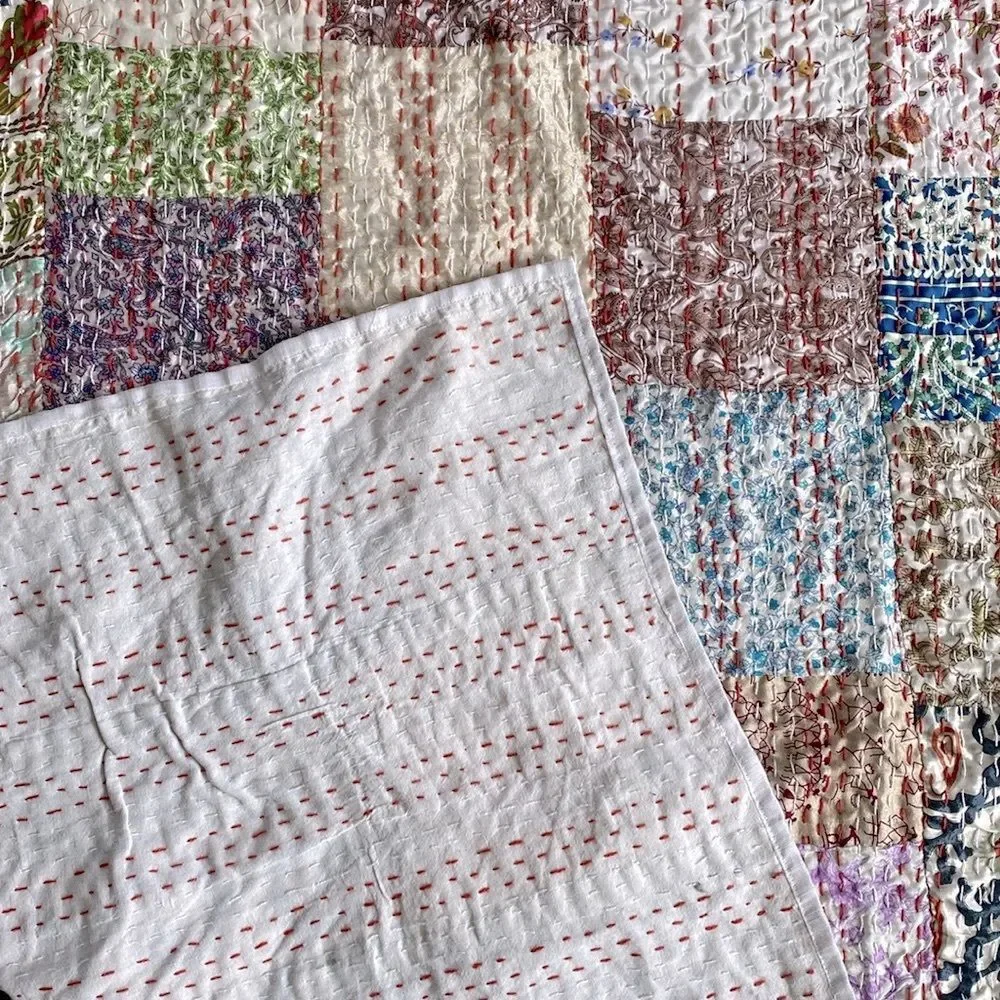 Kantha Silk Blend Throw Blanket Patchwork Quilt Multicolor  66” x 86”